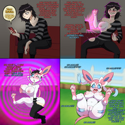 anthro black_hair blush bodily_fluids bottomwear breast_growth breasts clothing cute_fangs day dialogue electronics fangs female fence fingerpads furniture gender_transformation genital_fluids genitals grass growth hair hand_on_breast holding_object holding_phone human_to_anthro lying male mtf_transformation navel nipples on_back on_sofa open_mouth outside pants pattern_clothing pattern_shirt pattern_topwear pawpads phone pink_body plant pokemon_speak pokemorph shirt shocked sitting sofa solo species_transformation striped_clothing striped_shirt striped_topwear stripes tail tail_growth teeth text topwear torn_clothing transformation vaginal_fluids vulva flybeeth nintendo pokemon eeveelution generation_6_pokemon human mammal pokemon_(species) sylveon 1:1 2025 comic digital_media_(artwork) english_text hi_res
