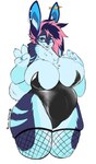 4_fingers anthro belly big_breasts big_hands blue_body blue_eyes blue_fur blue_hair breasts chest_tuft clothed clothing curvy_figure ear_piercing female fingers fishnet_clothing fishnet_legwear fur gesture hair hand_gesture highlights_(coloring) huge_breasts inner_ear_fluff latex latex_clothing legwear leotard lingerie muffin_top_(thigh_highs) partially_clothed piercing pink_hair simple_background slightly_chubby smile solo standing teeth thick_thighs tuft v_sign voluptuous whiskers white_background wide_hips mocha-wing frayerwolf lagomorph leporid mammal rabbit digital_media_(artwork) hi_res