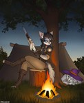 anthro burning calm campfire chainmail cleaning_sword cleaning_weapon clothed clothing dark_hair duo eye_patch eyewear fantasy female fur grey_body grey_fur hair hat headgear headwear long_hair looking_at_another magic_user melee_weapon night outside plant relaxing sleeping smile sword tent tree warrior weapon white_body white_fur white_hair wizard_hat thecumrat blizzard_entertainment warcraft volka bear canid canine canis mammal pandaren wolf absurd_res hi_res