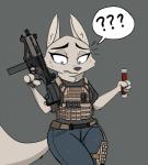 anthro arm_tuft bad_trigger_discipline blue_eyes bottomwear bulletproof_vest clothed clothing confusion elbow_tuft female flare_(object) fur grey_background gun holding_gun holding_object holding_ranged_weapon holding_weapon inner_ear_fluff looking_down military pants plate_carrier question_mark ranged_weapon shirt simple_background solo submachine_gun topwear tuft weapon white_body white_fur wide_hipped_female wide_hips josun disney zootopia skye_(zootopia) canid canine fox mammal 2019 portrait three-quarter_portrait