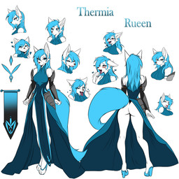 anthro armor aroused blue_clothing blue_topwear blush bottomwear butt clothing dress female fingers flag footwear front_view high_heels insignia magic_user markings open_mouth paws pose presenting presenting_hindquarters rear_view robe shoes skirt solo standing suggestive tattoo teasing tongue topwear riverred thermia_(character) canid canine canis fox hybrid mammal wolf 1:1 absurd_res hi_res model_sheet