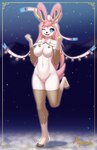 anthro antlers armwear bell big_breasts blue_eyes breasts clothing featureless_breasts featureless_crotch female hair hooves horn jingle_bell legwear long_hair looking_at_viewer night pink_hair snow solo myssedakes nintendo pokemon eeveelution generation_6_pokemon pokemon_(species) sylveon absurd_res hi_res