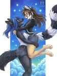 2024 4_toes 5_fingers ace_(kacey) anthro bassariscus black_arms black_body black_fur black_legs black_nose blue_hair bottomwear breasts brown_hair cacomistle canid canine canis cheek_tuft claws clothed clothing duo ear_piercing facial_tuft feet female female/female fingers fur hair hi_res inner_ear_fluff jackal jacket kacey kristania looking_at_another mammal markings midriff open_mouth open_smile piercing procyonid purple_eyes ring ring_(marking) ringed_tail romantic romantic_couple shirt shorts smile striped_body striped_fur striped_markings striped_tail stripes tail tail_markings toe_claws toes topwear tuft