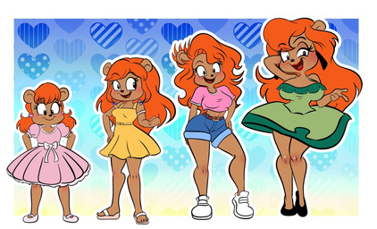 age_progression anthro belt blue_background bottomwear brown_body clothing crop_top dress ear_piercing ear_ring female footwear group hair heart_symbol high_heels long_hair midriff orange_body piercing ring_piercing sandals shirt shoes shorts simple_background topwear young demichan tiny_toon_adventures warner_brothers julie_bruin bear brown_bear mammal ursine hi_res