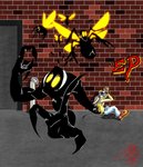 alley anthro boots bottomwear brick claws clothing feral footwear glowing glowing_eyes pants scared shadow shoes dahbastard eukayoticprokaryote mammal monster digital_media_(artwork) hi_res