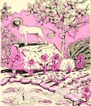 anthro barefoot creek daffodil_(flower) feet flower fountain humanoid_face leaf looking_at_viewer plant pond shrub solo tail tail_tuft tree tuft water gwendolyn_wood ambient_fish ambient_sealife animal_humanoid cat_humanoid felid felid_humanoid feline feline_humanoid humanoid mammal mammal_humanoid hi_res restricted_palette traditional_media_(artwork)