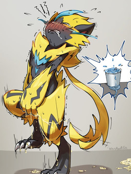 ambiguous_gender anthro bodily_fluids bucket container drooling emanata genital_fluids grey_background hand_on_crotch narrowed_eyes omorashi peeing potty_dance saliva shaking simple_background solo squint sweat tears trembling urine urine_pool wasawasa nintendo pokemon generation_7_pokemon legendary_pokemon pokemon_(species) zeraora 3:4 colored watermark