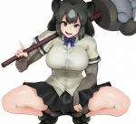 5_fingers armwear bear_paw_hammer big_breasts black_hair bottomwear bow_(feature) bow_tie breasts brown_eyes butt butt_from_the_front clothing crouching dress_shirt elbow_gloves eyebrows eyelashes female fingerless_gloves fingers footwear front_view gloves hair handwear holding_object holding_weapon pleated_skirt shirt shoes short_hair shorts simple_background skirt smile solo spandex spandex_shorts tight_bottomwear tight_clothing tight_shorts topwear weapon white_background amorphous-gplus kemono_friends brown_bear_(kemono_friends) animal_humanoid bear humanoid mammal mammal_humanoid ursid_humanoid ursine ursine_humanoid absurd_res hi_res