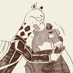 anthro backpack bodily_fluids clothing duo eyewear glasses humanoid_hands kemono male shirt simple_background slightly_chubby sweat tears topwear natsumeggggg odd_taxi kensuke_shibagaki_(odd_taxi) satoshi_nagashima_(odd_taxi) giraffe giraffid mammal suid suine sus_(pig) wild_boar 1:1 2021