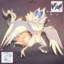 ambiguous_gender anthro blue_eyes claws feathered_wings feathers fur glowing glowing_eyes looking_at_viewer simple_background solo tail white_body white_feathers white_fur wings leoiruga mythology nintendo pokemon dragon furred_dragon furred_scalie generation_5_pokemon generation_6_pokemon hybrid legendary_pokemon mythological_creature mythological_scalie noivern pokemon_(species) reshiram scalie 1:1 2024 hi_res reference_image signature