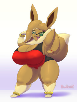 4_toes 5_fingers anthro anthrofied big_breasts black_clothing black_eyewear black_glasses black_nose bracelet breasts brown_body brown_fur clothed clothed_anthro clothed_female clothing colored_sclera curvy_figure cute_fangs ears_up eyewear fangs feet female fingers flexing flexing_bicep fluffy fluffy_tail fur glasses gradient_background green_eyes green_sclera hair hand_behind_head huge_breasts jewelry long_ears long_hair looking_at_viewer multicolored_body multicolored_clothing multicolored_hair multicolored_swimwear neck_tuft one-piece_swimsuit one_eye_closed open_mouth paws pink_tongue ponytail pose red_clothing shortstack shortstack_female simple_background smile solo standing swimwear tail tan_body teeth thick_thighs toes tongue tuft two_tone_hair voluptuous voluptuous_anthro voluptuous_female wearing_glasses wide_hips yellow_bracelet pawronik nintendo pokemon jessica_(pawronik) eevee generation_1_pokemon pokemon_(species) absurd_res hi_res