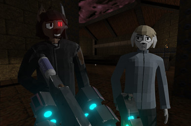 anthro black_hair blonde_hair brown_body brown_fur cybernetics duo fur grey_body grey_fur gun hair low_poly machine male male/male ranged_weapon science_fiction weapon lawrence_the_wolf_(artist) microsoft quake bird_dog canid canine canis cyborg domestic_dog herding_dog hunting_dog mammal pastoral_dog 3d_(artwork) digital_media_(artwork) hi_res