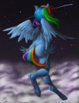 anthro anthrofied barefoot biped blue_body blue_feathers blue_fur butt casual_nudity cloud cutie_mark feathered_wings feathers feet female fluffy fluffy_tail flying fur hair hooves humanoid_hands long_hair multicolored_hair multicolored_tail night nude outside rainbow_hair rainbow_tail shooting_star sky skyscape solo star starry_sky tail underhoof wings glacierclear kelpiemoonknives friendship_is_magic hasbro my_little_pony mythology rainbow_dash_(mlp) equid equine mammal mythological_creature mythological_equine pegasus 2016 digital_media_(artwork) hi_res signature