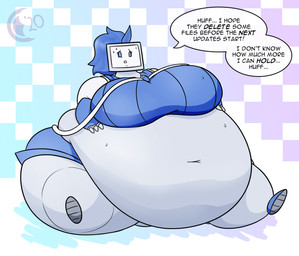 belly big_belly big_breasts blue_eyes blue_hair bodily_fluids breasts dialogue female grey_body hair hand_on_belly huge_belly huge_breasts huge_thighs hyper hyper_belly hyper_breasts hyper_thighs machine morbidly_obese morbidly_obese_female morbidly_obese_humanoid navel obese obese_female obese_humanoid open_mouth overweight overweight_female overweight_humanoid screen screen_face sitting solo speech_bubble sweat text thick_thighs weight_gain chocend bit_(chocend) humanoid robot robot_humanoid 2020 english_text watermark