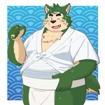 accessory anthro asian_clothing belly blush bottomwear chest_wraps clothing east_asian_clothing fundoshi fur green_body green_fur headband japanese_clothing male neck_tuft one_eye_closed overweight solo tuft underwear wink wraps yaki_atsuage lifewonders live_a_hero mokdai 1:1 hi_res