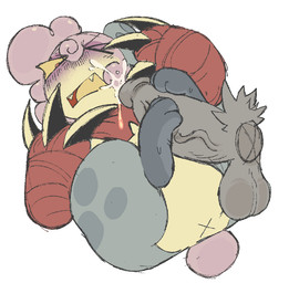 ambiguous_gender anthro bandage bandaged_arm big_penis blush blush_lines blushing_profusely bodily_fluids bottom_heavy claws cum cum_on_face disgust duo feet foot_fetish foot_play footjob genital_fluids genitals kerchief leaking_cum male male/ambiguous markings paws pear-shaped_figure penile penis pink_cheeks scut_tail sex short_tail size_difference smaller_ambiguous spots spotted_markings stubby_legs tail wide_hips mora_less anon caleb_(furbydemonic) unknown_species genderfluid_(lore) trans_(lore)
