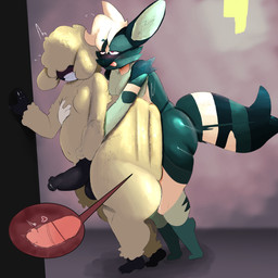 4_fingers anthro big_butt blush butt butt_focus duo femboy fingers fur genitails huge_butt internal male male/male mostly_nude naughty_face sex shortstack side_view slightly_chubby slightly_chubby_humanoid tail thick_thighs wide_hips wobbling tabs_huoo shanny_(tabs_huoo) bovid caprine humanoid mammal sheep 1:1 hi_res