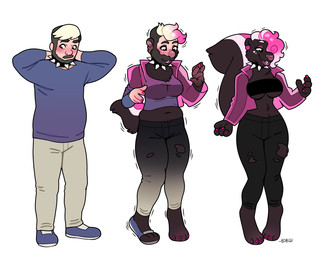 4_fingers anthro barefoot base_one_layout basic_sequence beard black_body black_fur blush bottomwear breast_growth breasts clothing collar colored_nails ear_piercing facial_hair facial_hair_growth feet female fingers footwear fur gender_transformation growth human_to_anthro linear_sequence male mtf_transformation nails one_row_layout pants piercing pink_nails pink_nose shirt shoes simple_background smile solo species_transformation spiked_collar spikes standing surprised tail tail_growth three_frame_image three_frame_sequence topwear transformation transformation_sequence transformative_collar white_background blackshirtboy human mammal mephitid skunk 2021 sequence
