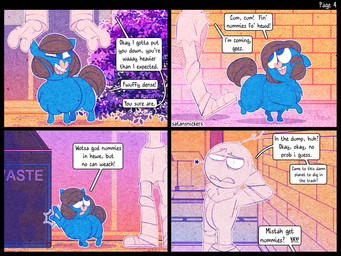 3_fingers ambiguous_feral ambiguous_gender ambiguous_humanoid blue_body blue_eyes blue_fur brown_hair brown_tail clothed clothed_humanoid clothing confusion dialogue dumpster feral fingers footwear fur hair happy looking_up outside plant shoes shrub smile speech_bubble standing tail teeth text walking white_body young young_ambiguous young_feral spacefluff fluffy_pony fluffy_pony_(species) humanoid mammal 2022 4:3 artist_name comic digital_media_(artwork) english_description english_text hi_res