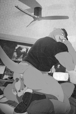 anal anthro anus balls barely_visible_genitalia barely_visible_penis bedroom bodily_fluids boots butt ceiling_fan claws clothed clothing duo electric_fan facesitting footwear genitals hand_on_back hand_on_penis hand_to_face hand_to_mouth hand_up_shirt handjob handjob_while_rimming hat headgear headwear male male/male masturbation muscular muscular_anthro muscular_arms muscular_male muscular_thighs narrowed_eyes open_mouth oral painting_(object) pantsless penile penis reach_around rimming saliva sex shirt shoes sitting_on_another smile smirk t-shirt tail teeth tilted_hat topwear radioaspen echo_(game) echo_(series) echo_project leo_alvarez sydney_bronson canid canine canis mammal mustelid otter red_wolf wolf black_and_white hi_res monochrome