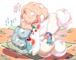 anthro blue_body blue_fur blush clothing duo female forced fur green_eyes hug male male/female open_mouth panties pink_body pink_fur red_eyes text tile tongue underwear wet zeru_(ma) himitsu_no_cocotama parine sarine bovid caprine cocotama mammal japanese_text