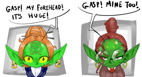 big_forehead bodily_fluids cute_fangs dialogue duo ear_piercing ear_ring eyewear fangs female glasses glistening_forehead green_body green_skin hair hair_bun humanoid_pointy_ears humor not_furry piercing pointy_ears reflection ring_piercing shocked sweat sweatdrop teeth text mario-grant short_night deemah_(short_night) ms._nasbh'ke_(mario-grant) goblin humanoid english_text hi_res