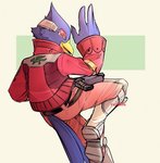 5_fingers anthro avian beak bird blue_body blue_feathers boots clothing falco_lombardi feathers fingers footwear gun half-closed_eyes hi_res jacket looking_at_viewer looking_back male narrowed_eyes nintendo nobllite ranged_weapon red_body red_feathers smile solo star_fox tail tail_feathers topwear weapon