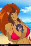 anthro beach big_breasts bikini blush breasts clothed clothing duo female fur hair one_eye_closed pink_nose seaside smile swimwear text two-piece_swimsuit water wink mastergodai rascals jahida_mccloud shaze domestic_cat felid feline felis lion mammal pantherine url