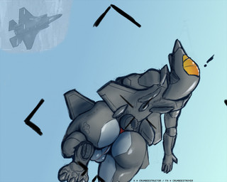 aircraft anthro anthrofied backsack balls big_butt biped butt day exclamation_point fingers genitals glistening glistening_body grey_body head_turned humanoid_hands looking_at_viewer looking_back machine male non-mammal_balls nude_anthro nude_male outdoor_nudity outside perineum rear_view sky solo surprised text vehicle wings crumbdestroyer aeromorph living_aircraft living_machine living_vehicle 2025 artist_name colored hi_res