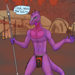 anthro bottomwear clothing loincloth male melee_weapon polearm purple_body purple_scales scales solo spear text weapon fyreblazes bethesda_game_studios microsoft morrowind the_elder_scrolls argonian scalie 1:1 english_text hi_res