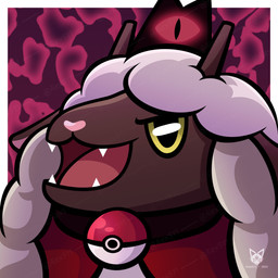 ambiguous_gender angry brown_body brown_skin cape clothed clothing collar crown cute_fangs fangs feral fluffy fur hair headgear horizontal_pupils horn long_hair open_mouth pink_inner_ear pink_nose pokeball pupils red_cape red_clothing simple_background solo teeth tongue white_body white_fur wool_(fur) wool_hair yellow_sclera aiex571 cult_of_the_lamb massive_monster_(studio) nintendo pokemon red_crown_(cult_of_the_lamb) bovid caprine generation_8_pokemon mammal pokemon_(species) sheep wooloo 1:1 2022 absurd_res colored digital_drawing_(artwork) digital_media_(artwork) headshot_portrait hi_res icon portrait signature watermark