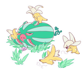 banana food fruit grass group half-closed_eyes melon narrowed_eyes plant simple_background standing watermelon white_background linestothepaper dinosaur dromaeosaurid hybrid prehistoric_species reptile scalie theropod 2020