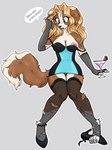 2019 after_transformation anthro beverage biped bird_dog blonde_hair blue_eyes breasts canid canine canis clothing dialogue domestic_dog dress english_text female fishnet_clothing fishnet_gloves fishnet_handwear fishnet_legwear food footwear fruit gloves hair handwear hi_res high_heels hunting_dog legwear mammal nipples open_mouth plant shoes simple_background solo spaniel strawberry surprise text torn_clothing wilderlove
