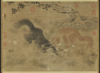 ambiguous_feral ambiguous_gender detailed_background digitigrade duo feet feral flower fur grass leaf looking_down outside paws plant playful playing quadruped standing tail text toeless_(marking) tree shang_xi ambient_arthropod ambient_insect domestic_cat felid feline felis mammal 15th_century ancient_art chinese_text hi_res painting_(artwork) traditional_media_(artwork) traditional_painting_(artwork) translation_check translation_request