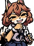 anthro brown_hair claws clothing female fur hair laugh pawpads school_uniform solo uniform white_collared_shirt yellow_body yellow_fur unknown_artist bully_fox canid canine fox mammal reaction_image