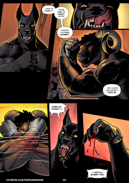 5_fingers anthro arm_scar bared_teeth big_muscles black_body blocking blood blood_on_hand bodily_fluids brown_body claw_fingers claws colored_blood curly_hair dialogue duo eyebrows fighting_ring fingers hair licking male muscular muscular_anthro muscular_male muscular_prey saliva saliva_string scar sharp_teeth solo speech_bubble teeth text thick_eyebrows tongue tongue_out trash_talking unusual_blood unusual_bodily_fluids wrapped_arms wraps yellow_eyes purplebirdman roshim_(purplebirdman) bovid canid canine caprine mammal sheep 2023 better_version_at_paywall colored comic detailed english_text shaded url