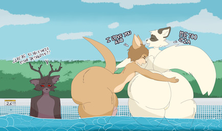 anthro big_breasts big_butt big_penis breasts butt female fingers fluffy fluffy_tail genitals group huge_butt hyper hyper_butt male male/female nude nude_female nude_male penis red_eyes size_difference smaller_female smaller_male smile swimming_pool tail text trio akitaar axo_(akitaar) lodato_(akitaar) zia_(akitaar) deer demon domestic_ferret kangaroo macropod mammal marsupial moose mustelid musteline new_world_deer true_musteline weasel absurd_res english_text hi_res spanish_text
