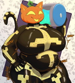 anthro belly beverage big_belly big_breasts bodysuit bone breast_expansion breasts chug_jug clothing expansion female food for_a_head fruit holidays overweight overweight_female plant pumpkin pumpkin_head skinsuit slurp_expansion smile solo tail text thick_thighs tight_clothing weight_gain wobbling nicklusious epic_games fortnite halloween spice_(fortnite) felid feline mammal object_head absurd_res artist_name hi_res
