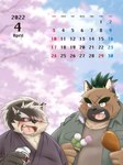 anthro april_(month) belly big_belly black_nose blush brown_body brown_fur calendar calendar_graphic cherry_blossom cherry_blossom_tree cherry_tree clothing duo flower food fruit_tree fur humanoid_hands kemono male outside overweight overweight_male plant prunus_(flower) scar shirt topwear tree mind_drive mizuse_higomaru lifewonders tokyo_afterschool_summoners shino_(tas) yasuyori_(tas) canid canine canis domestic_dog mammal 2022 3:4 hi_res