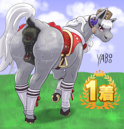 accessory animal_genitalia animal_vulva anus bangs bedroom_eyes big_anus bodily_fluids bottomwear bow_ribbon butt clitoral_slit clitoral_winking clitoris clothed clothing equine_anus equine_genitalia equine_vulva female feral feralized first_place footwear fur gaping gaping_anus gaping_vagina genitals grass hair hair_accessory hair_bow hair_ribbon hat headgear headwear hooves horseshoe huge_anus hyper hyper_anus looking_at_viewer looking_back mane musk musky_anus narrowed_eyes plant presenting presenting_anus presenting_hindquarters presenting_vulva puffy_anus raised_tail rear_view ribbons saddle seductive skirt sky solo stirrups sweat sweatdrop tail thick_clitoris vulva white_body white_fur white_hair white_mane white_tail yaboo cygames uma_musume_pretty_derby gold_ship_(pretty_derby) equid equine horse mammal absurd_res hi_res