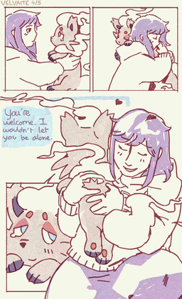 after_transformation bodily_fluids brown_hair clothed clothing comforting comforting_another cursed dialogue duo female feral fur grey_body grey_fur hair heart_symbol helpful hoodie hug hugging_another inside long_hair mane pawpads pokemon_speak purple_hair red_body red_fur size_difference speech_bubble tail tears text topwear white_body white_fur velvaite nintendo pokemon canid canine fox generation_8_pokemon hisuian_form hisuian_zorua human mammal pokemon_(species) regional_form_(pokemon) comic english_text hi_res