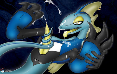 3_toes anthro bodily_fluids cum cum_on_face erection feet foot_focus genital_fluids genitals male masturbation penis soles solo toes the-cog nintendo pokemon generation_8_pokemon inteleon pokemon_(species) absurd_res hi_res