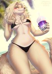 2023 5_fingers absurd_res anthro beverage bikini blonde_hair blush borzoi breasts bubble_tea canid canine canis clothed clothing container cup domestic_dog female fingers fluffy fluffy_tail front_view fur hair hi_res holding_beverage holding_container holding_object hunting_dog kyotoleopard looking_at_viewer low-angle_view mammal navel neck_tuft nonoka_(nonoka917) outside plant sighthound skimpy smile solo straw_(disambiguation) swimwear tail tan_body tan_fur tree tuft yellow_eyes