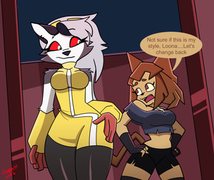 alternate_costume anthro black_bottomwear black_clothing black_pants black_shorts bottomwear breasts brown_hair clothed clothed_anthro clothed_female clothing clothing_swap cosplay crop_top crossover_cosplay dialogue dress duo ear_piercing female fingerless_gloves fur gloves grey_body grey_clothing grey_crop_top grey_fur grey_hair grey_shirt grey_topwear hair handwear legs_together long_hair looking_at_another pants piercing pink_eyes pupils red_sclera shirt shorts sleeveless_dress slit_pupils small_waist square_pupils tail talking_to_another tan_body tan_fur text topwear voice_actor_joke white_body white_eyes white_fur wide_hips wide_stance yellow_clothing yellow_dress yellow_sclera starpaintart gameoverse glitch_productions hellaverse helluva_boss mythology kit_bodega loona_(helluva_boss) canid canid_demon canine demon domestic_cat felid feline felis hellhound mammal mythological_canine mythological_creature 2026 absurd_res crossover english_text hi_res