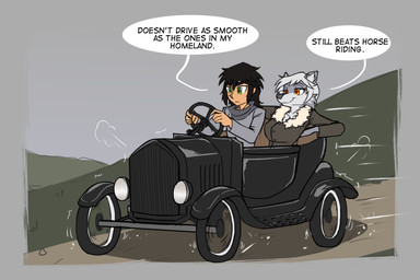 anthro black_hair dialogue driving driving_car duo female fur green_eyes grey_body grey_fur grey_hair hair male orange_eyes speech_bubble text gndthr323 ford_model_t damurah kiruss canid canine canis human mammal wolf 3:2 comic english_text hi_res