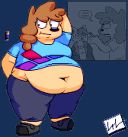 anthro belly belly_overhang big_belly blue_bottomwear blue_clothing blue_pants blue_shirt blue_topwear bottomwear brown_hair clothing deep_navel dialogue female footwear fur hair hand_behind_back hand_behind_head male moobs navel obese obese_anthro obese_male overweight overweight_anthro overweight_male pants shirt shoes simple_background solo speech_bubble standing tan_body tan_fur text thick_thighs tight_clothing topwear transparent_background undersized_clothing wide_hips freoncat longnecklupin normalsville harrod_(normalsville) zoey_(normalsville) canid canine canis domestic_dog fox mammal poodle red_fox true_fox 2025 alpha_channel digital_media_(artwork) english_text multiple_images pixel_(artwork)