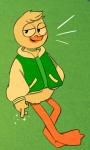 anthro bottomless clothed clothing green_background green_clothing green_shirt green_topwear half-closed_eyes hand_in_pocket hoodie male narrowed_eyes pockets shirt simple_background smile smirk smug solo topwear vegetabletaxi disney ducktales ducktales_(2017) louie_duck anatid anseriform avian bird duck