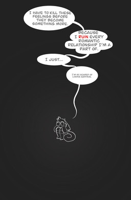 anthro comic_panel curled_up dialogue female fetal_pose sad simple_background sitting solo speech_bubble text vanilla_candy unicorn_blood_(comic) tulip_(unicorn_blood) lagomorph mammal absurd_res english_text hi_res line_art