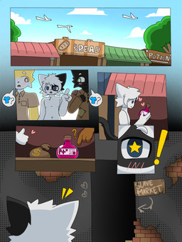 anthro group male market money nude potion potion_bottle public public_nudity questioning slave_market solo dekato_(artist) meko domestic_cat felid feline felis mammal 3:4 comic hi_res