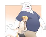 anthro belly big_belly bottomwear clothing duo eyes_closed kemono laugh male overweight overweight_male pants scarf shirt size_difference topwear inunoshippo canid canine canis domestic_dog mammal 2022 5:4 hi_res